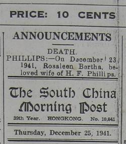 Rosaleen Bertha Philips Hong Kong second world war two